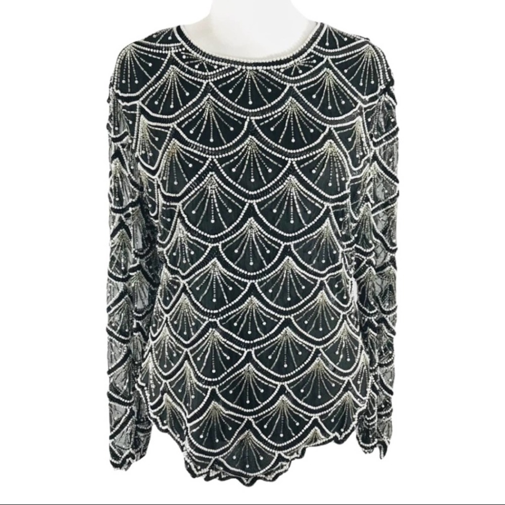 LAURENCE KAZAR VTG black white beaded top scallop designed sheer long sleeve M - Picture 11 of 14